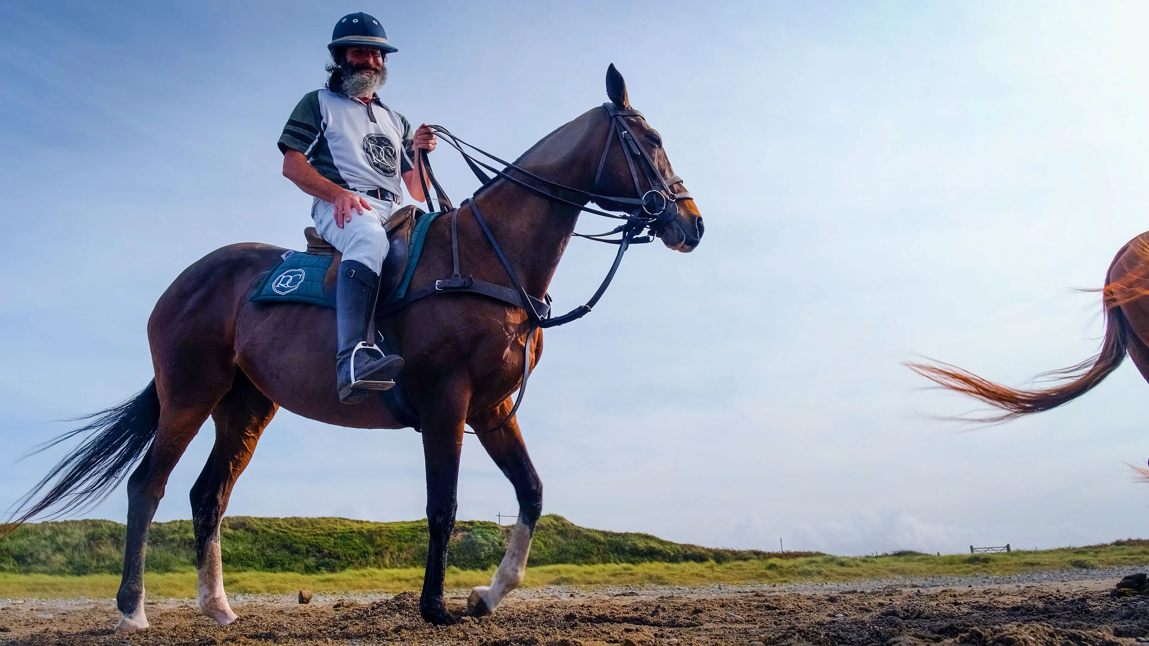 A person with a beard rides a brown horse on a sandy path, set against a blue sky. The scene conveys a calm, leisurely outdoor atmosphere.